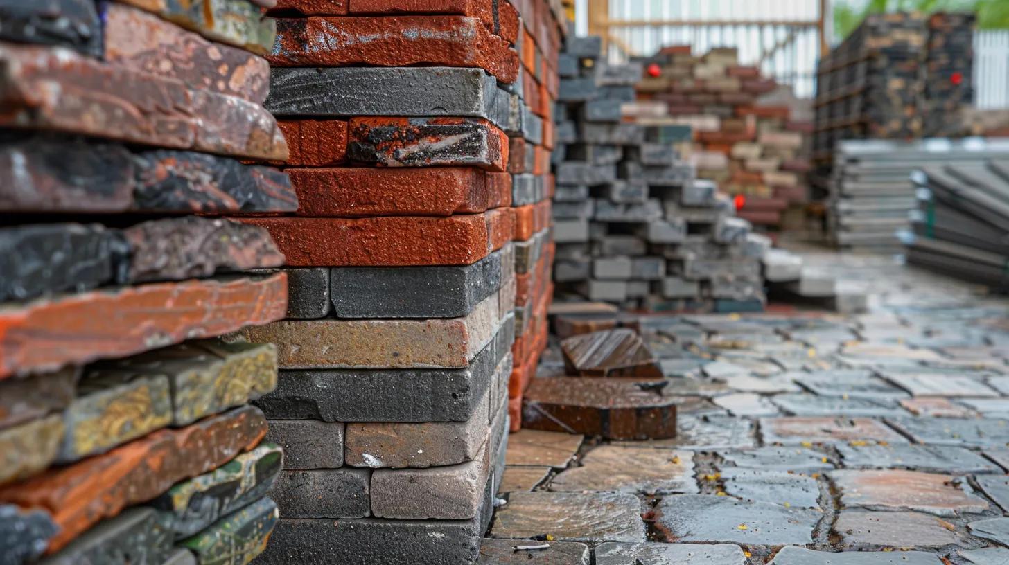 a stunning display of vibrant red and textured grey bricks intermingled with smooth stone pavers, showcasing the rich variety and quality offered by kansas city masonry suppliers under a bright, natural light.